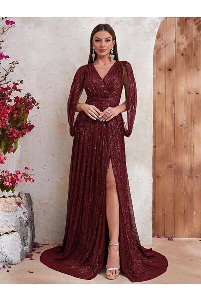 elissaa KRUVAZE YAKA SÜS KOL PUL PAYET ABİYE ELBİSE