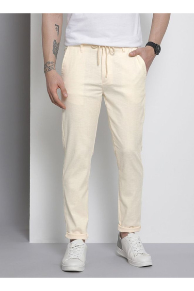 The Indian Garage Co By Styli Men Cream Slim Fit Solid Trousers