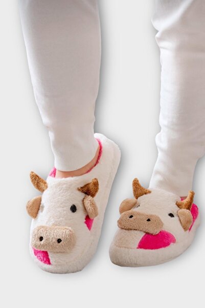 Liger شبشب منزلي شتوي للجنسين بقاعدة مطرزة مضادة للانزلاق مع شكل بقرة أبيض - ...