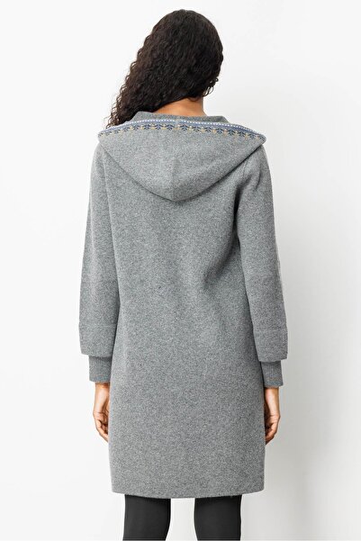 Desen Triko Women's Hooded Wool Coat with Felt Front Smoked