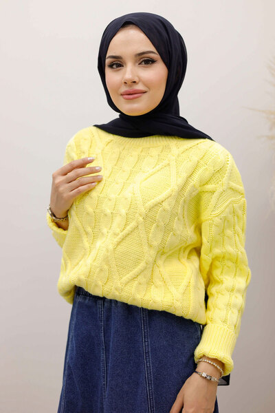 Tesettür Dünyası Knitted Patterned Sweater Tsd250222 Yellow