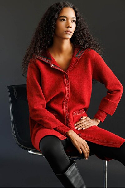 Desen Triko Women's Hooded Wool Coat with Felt Front, Dark Red