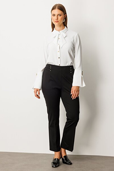 Ekol Elastic Waist Beaded Detail Trousers Black