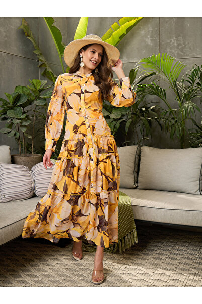 Sassafras By Styli Yellow Floral Front Button Placket Maxi Dress