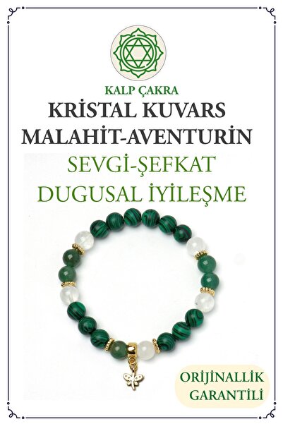 Orenda Design Malahit, Aventurin, Kristal Kuvars Taşlı Kalp Çakra Bilekliği – Sevgi ve Duygusal Denge