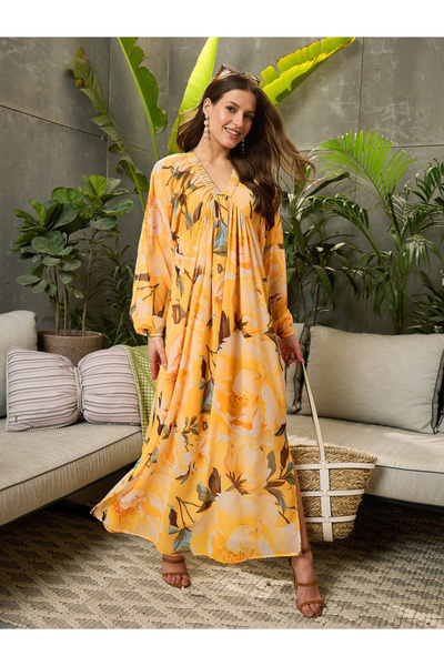 Sassafras By Styli Yellow Elasticated V Neck Maxi Dress