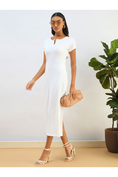 Sassafras By Styli White Ribbed Bodycon Midi Dress