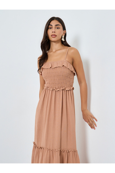 Take Two By Styli Beige Maxi Dress with Ruffle Detail