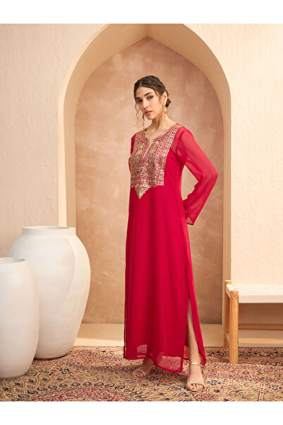 Sassafras By Styli Red Sequined Abaya Dress with Inner Cami Slip