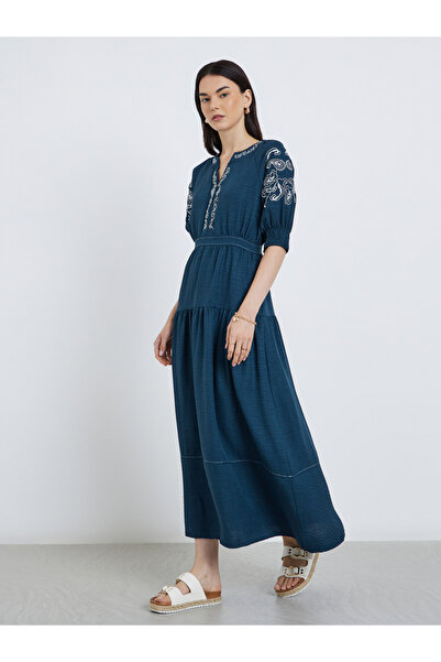 Take Two By Styli Embroidered Puff Sleeve Tiered Midi Dress