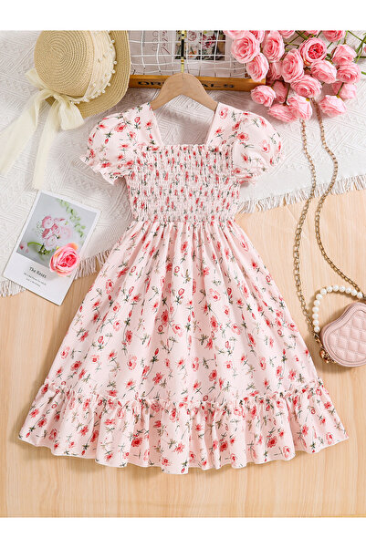 Take Two By Styli Girls Pink Floral Print Puff Sleeve Dress