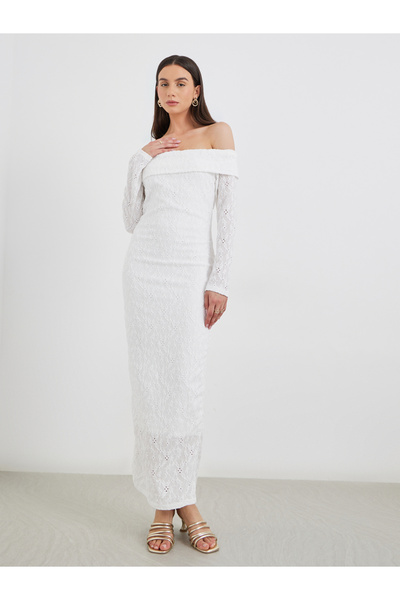 Take Two By Styli Schiffli Off Shoulder Bodycon Maxi Dress