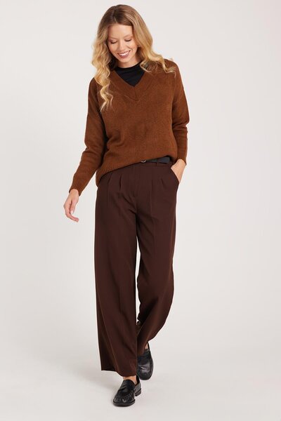 Tudors Women's Regular Fit Classic Cut High Waist Wide Leg Brown Trousers