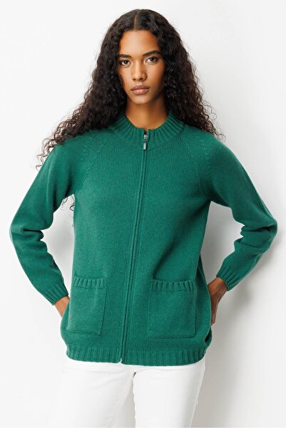 Desen Triko Women's Stand Collar Pocketed Basic Wool Cardigan Ö.Başı