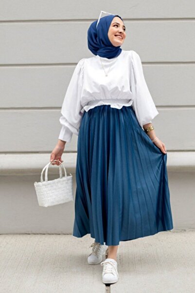 Kombinazon Lavanya Wide Pleated Indigo Skirt