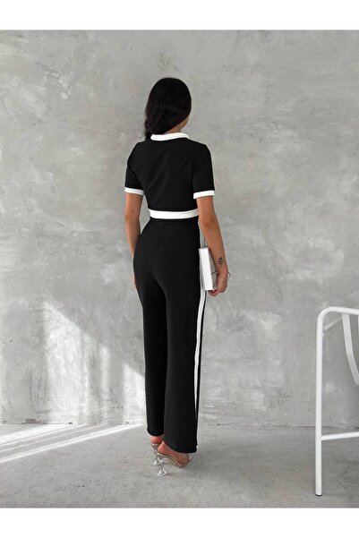 NEWCO Women's Black Ottoman Fabric Stripe Garnished Suit