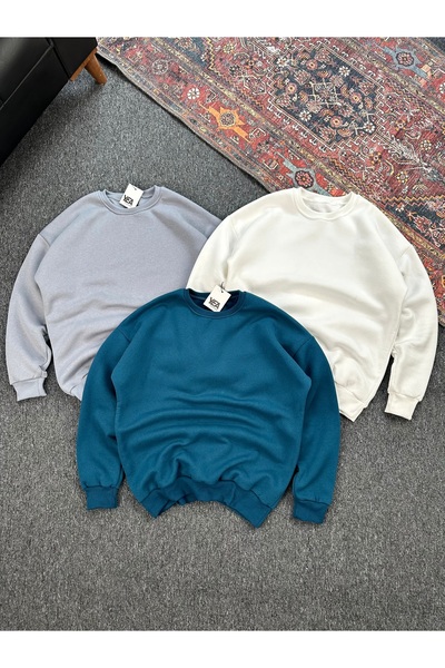 tetramoda سترة رياضية كبيرة الحجم بياقة دائرية وثلاثة خيوط بلون واحد مكونة من...