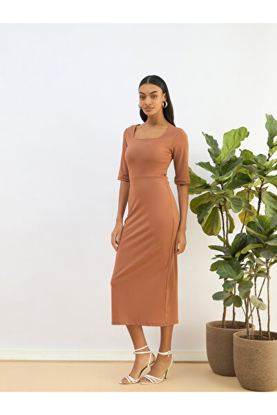 Sassafras By Styli Rust Square Neck Knit Bodycon Midi Dress