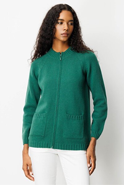 Desen Triko Women's Stand Collar Pocketed Basic Wool Cardigan Ö.Başı