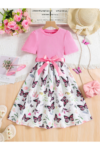 Take Two By Styli Girls Butterfly Print Bow Detail Dress
