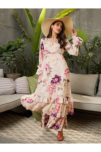Sassafras By Styli Off White Floral Layered Maxi Dress
