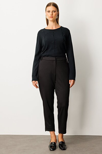 Ekol Women's Plus Size Elastic Waist Accessory Detailed Trousers 1043 Black