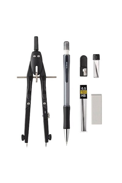 SHOPIENS 6 Piece Black Metal Compass with Wheel Set, 0.5 mm Mechanical Pencil, Eraser, Sharpener, Plastic Box