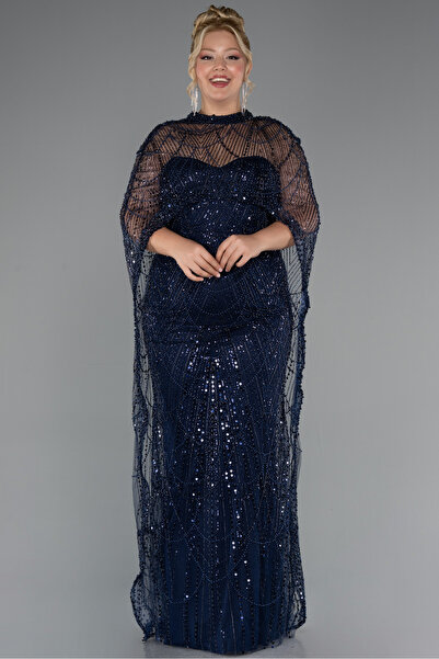 Abiyefon Lacivert Straplez Boncuk İşlemeli Şallı Büyük Beden Uzun Abiye ABU5328