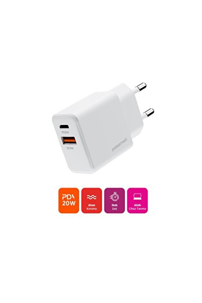 Polosmart PBS136 Hızlı 1 USB 1 PD Çıkışlı 20W Şarj Adaptörü Duvar Şarjı Beyaz