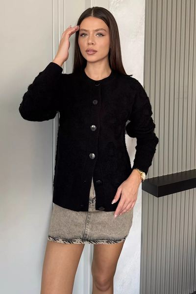 julude Black Floral Patterned Knitwear Jacket
