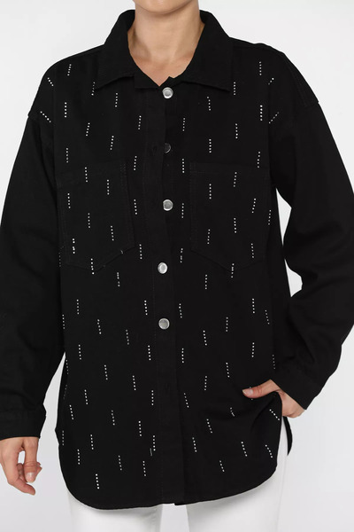 julude Black Women's Double Pocket Stone Embroidered Jean Denim Jacket
