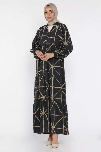 julude Black Hijab Patterned Seasonal Dress