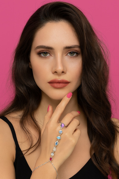 Bittox Silver Color Chain with Colored Stone Steel Shahmeran Bracelet-Stylish and Elegant Jewelry Design