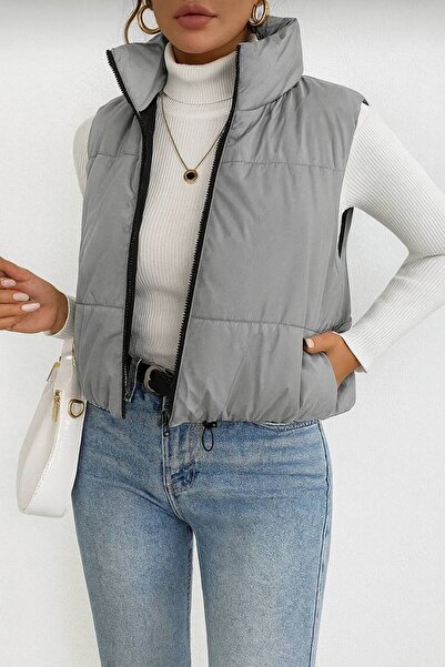 Varyete Double-Sided Wearable Zippered Sleeveless Pocketed Inflatable Crop Women's Coat Vest