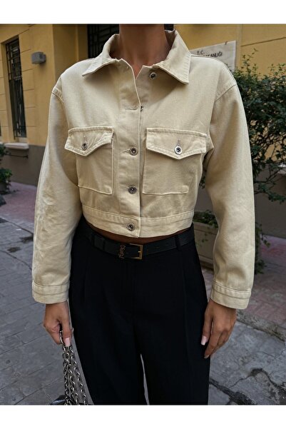 Keops Beige Double Pocket Denim Crop Jacket Bcdf-255419