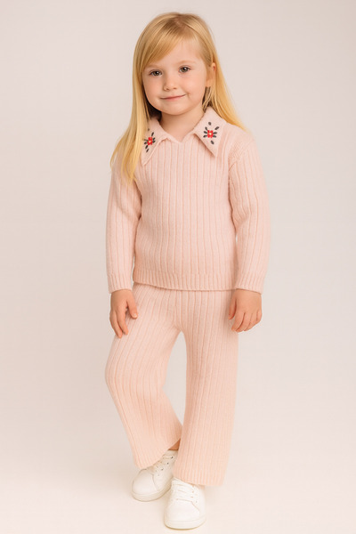 Minora Knitwear Shirt Collar Floral Embroidered Trouser Suit Pink