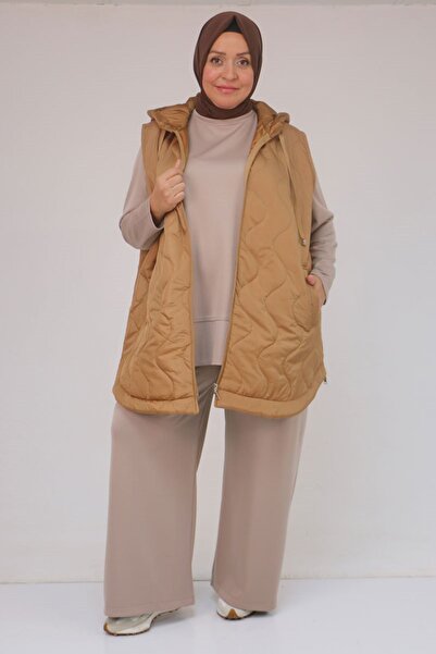 Eslina 44007 Plus Size Oval Cut Quilted Vest with Side Slits - Tan