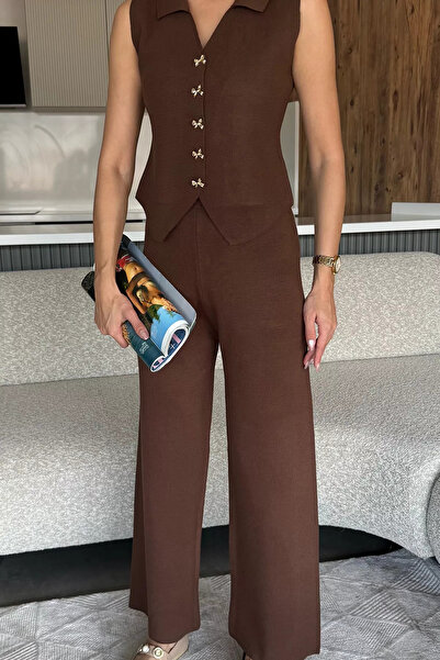 julude Brown Shirt Collar Vest Pants Knitwear Two-Piece Set