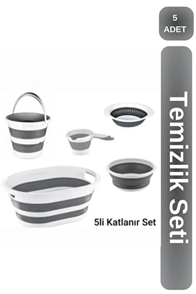 Genel Markalar Katlanabilir Kaliteli 5’li Set - Kova Sepet Maşrapa Badya Süzgeç