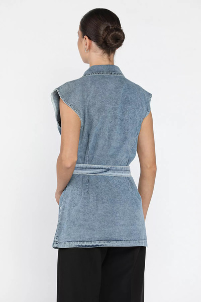 julude Ice Blue Women's Staple Detailed Waist Belted Double Pocket Jean Denim Vest