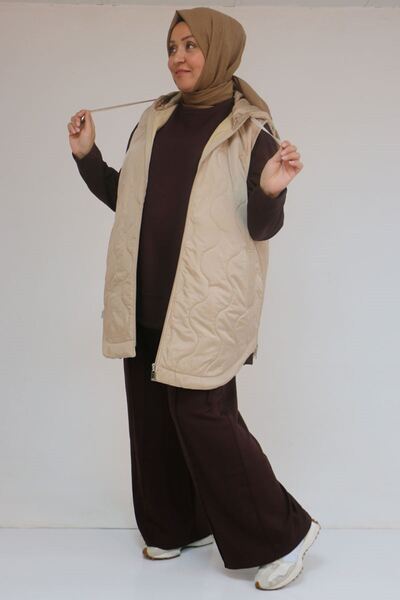 Eslina 44007 Plus Size Oval Cut Quilted Vest with Side Slits - Mink