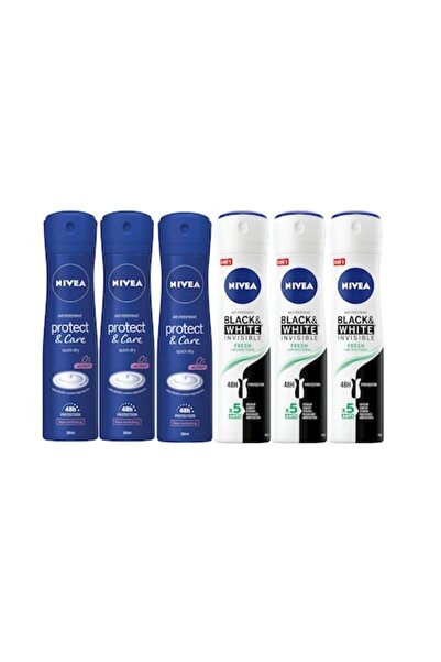 NIVEA Set 6 X Antiperspirant Woman Deo 150ml, 3 X Protect & Care, 3 X Black & White Invisible Fresh