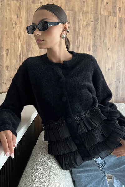 julude Black Soft Knitwear Jacket with Ruffled Bottom (Available in S, M, L, XL)