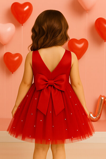 MadyaButik Girl's Red Wrap Collar Skirt Pearl Red Graduation Birthday Dress