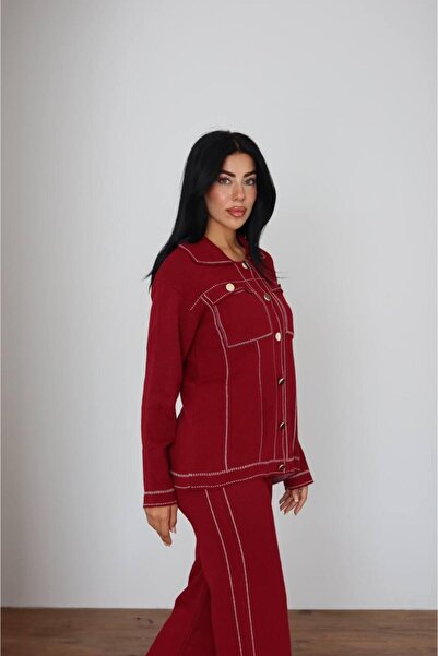 mylunessa Burgundy Stripe Design Pants Knitwear Set