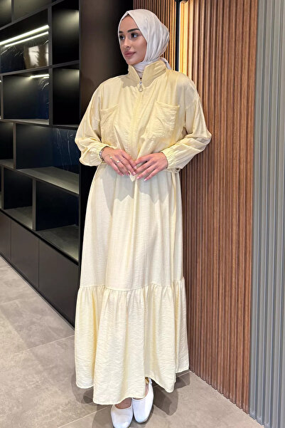 julude Yellow Hem Ruffled Cardigan Combination Hijab Dress with Elastic Waist