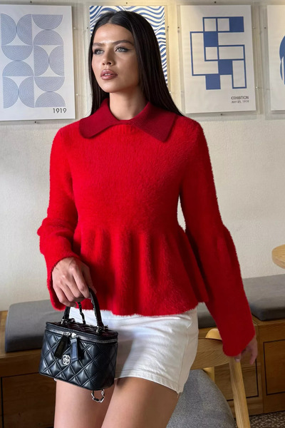 julude Red Shirt Collar Ribbed Knit Blouse (Available in Sizes S, M, L, XL)