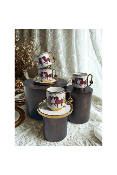 Karma Home 6-Person Double Horse Figured Porcelain Coffee Cup Set - Stylish Set with White and Gold Details