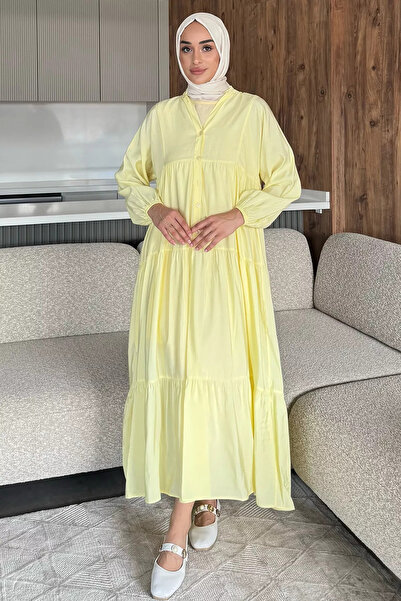 julude Yellow Front Buttoned Flowy Seasonal Hijab Dress
