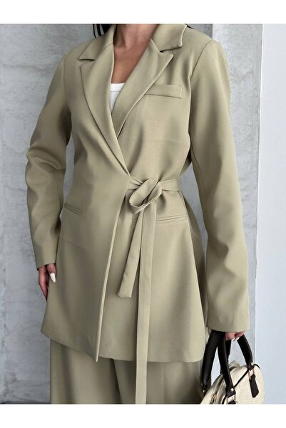 ParlaMira Women's Dabıl Fabric Tie-Up Blazer Jacket & High Waist Palazzo Pants Set